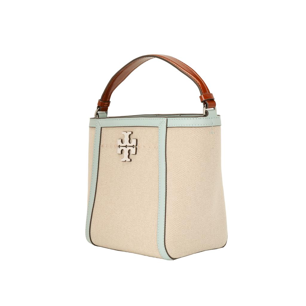 Tory Burch Mcgraw Double T Logo Beige Canvas With Navy Leather Patent Trim Bucket Bag Women Bags 145559-250