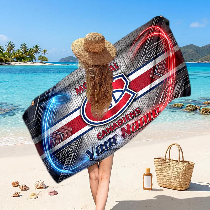 Montreal Canadiens Customized Name Text Beach Towel, Soft Absorbent Towel Beach Pool Travel Personal Gift