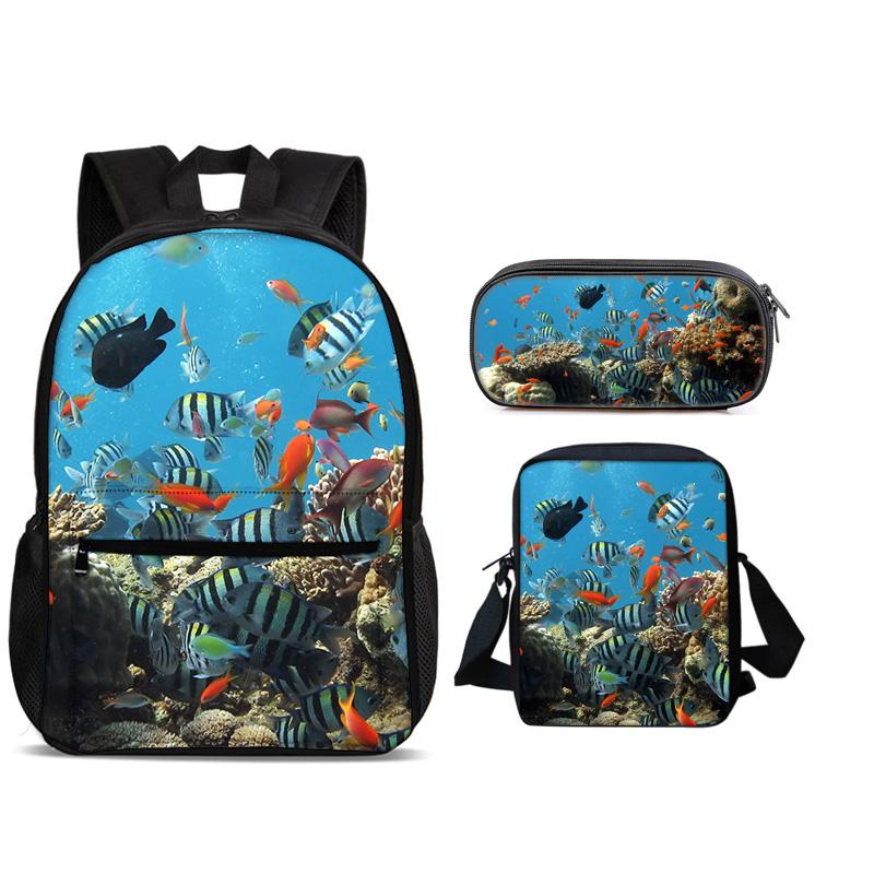 Mondo Subacqueo Zaino Portapenne Borsa a Spalla Set 3pz Versatile Cartone Animato Grande Capacità Ragazzo e Ragazza Scuola Compleanno Miglior Regalo