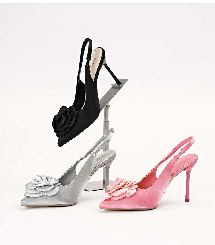 10cm Úzké Boty na Vysokém Podpatku s Ostrou Špičkou pro Ženy se Saténovými Květinami a Sexy Zadní Částí, Velikost 35-41 Velké Sandály na Podpatku pro Ženy