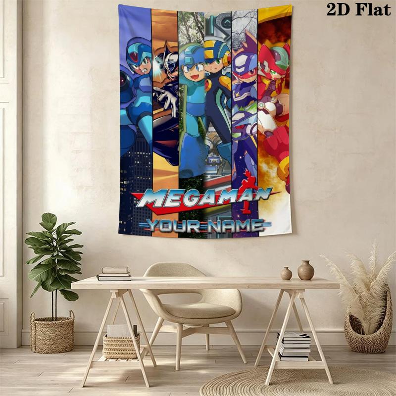 Name Custom Mega Man Anime Wall Tapestry Aesthetic Wall Hanging Printed Fabric Blanket Decorative Tapestries for Bedroom Living Room Home Decor