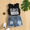 Baby Toddler Boys Summer Outfit Set Round Neck Sleeveless Letter Print Tank Tops with Ripped Denim Shorts