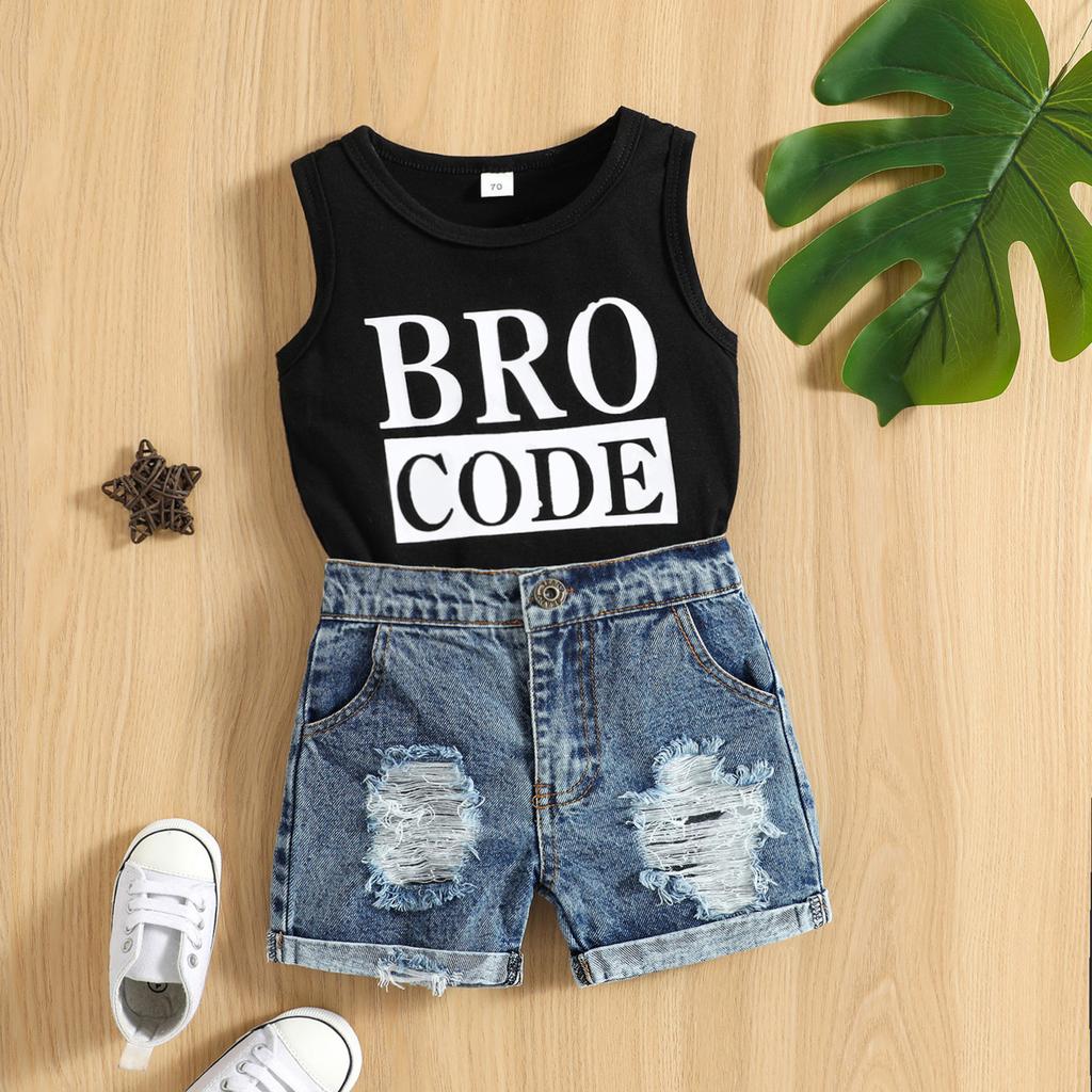 Baby Toddler Boys Summer Outfit Set Round Neck Sleeveless Letter Print Tank Tops with Ripped Denim Shorts