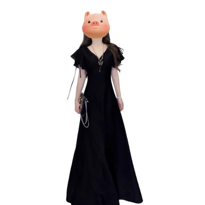 French Hepburn style black v-neck dress children s summer new popular beautiful waist beautiful long dress S