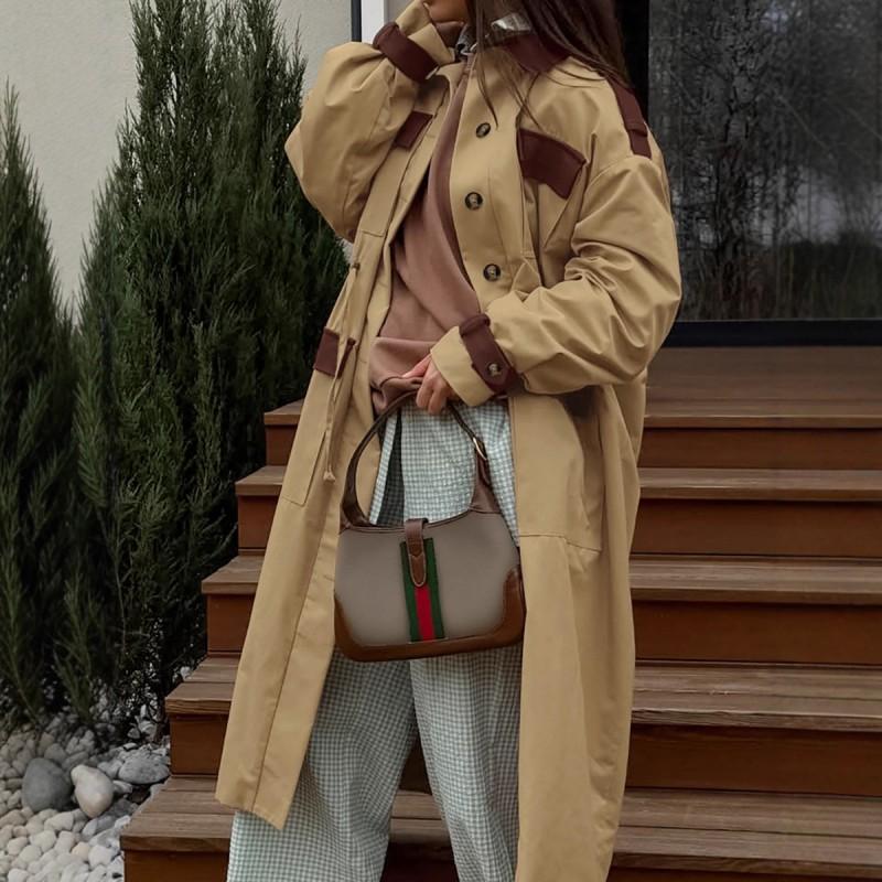 Womens VintageWomensVintage Contrast Color Lapel Long Trench Coat 2026 Old Money Style Khaki