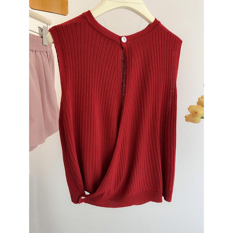 Women's French Sleeveless Knit Camisole - Open-Back Linen Tank Top for Summer