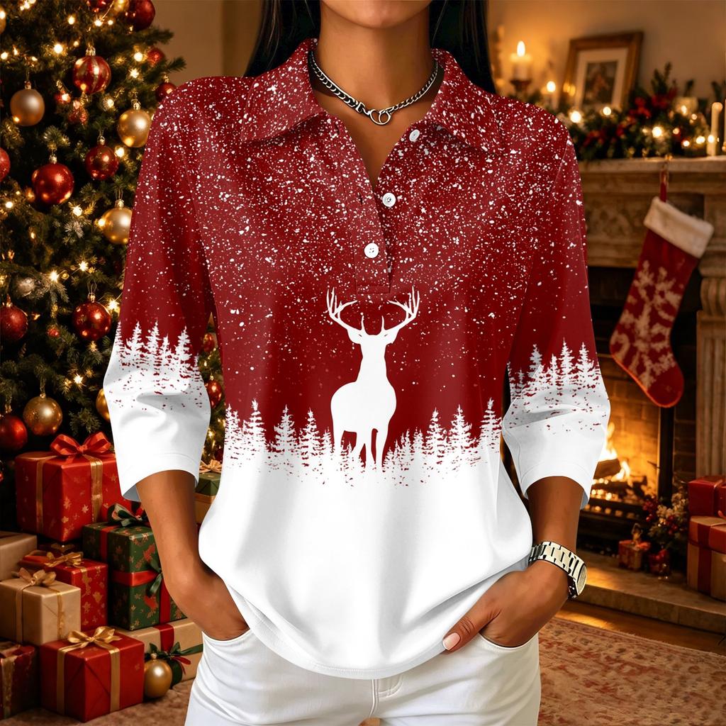 Damen Freizeithemd mit 3/4 Ärmeln, Kragen und Knopfleiste mit Weihnachtsdruck