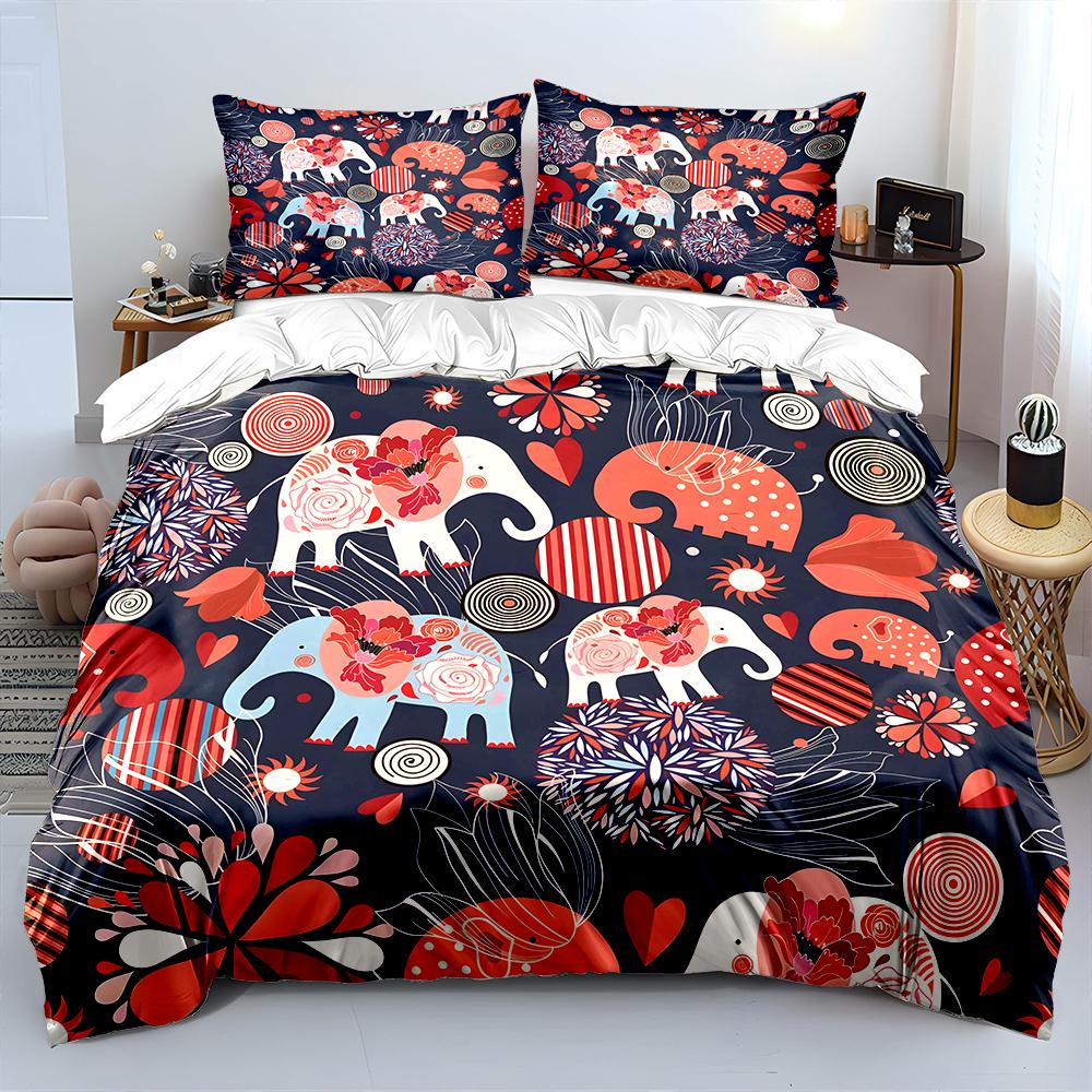 3pcs Colorful elephants with floral Pattern Duvet Cover Set Digital Print Polyester Bedding with Zipper Closur for kids gifts