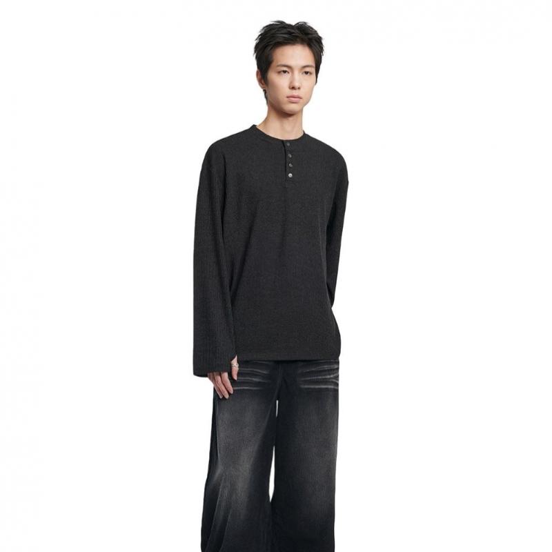 NOMANUAL Henley Neck Knit Long Sleeve   Black