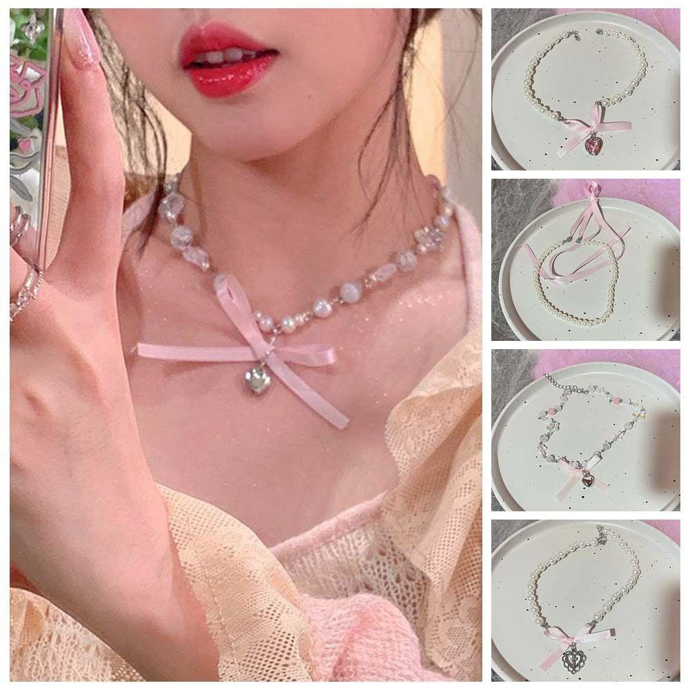 Zircon Bowknot Pendant Choker Pearls Balletcore Choker Retro Pink Bow Necklace Birthday Gift