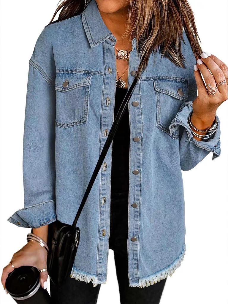 Women's Cross-Border Washed Denim Shirt Jacket - European & American Autumn/Winter Street Style with Frayed Hem