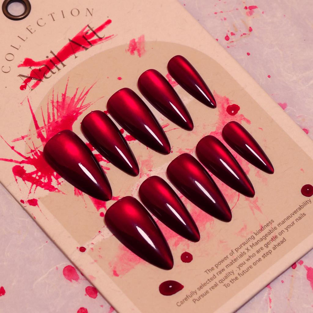 30 Stück Nagelstücke Halloween-Nägel, einfarbig, rotes Katzenauge, Nagelkunst, wiederholbare künstliche Nägel