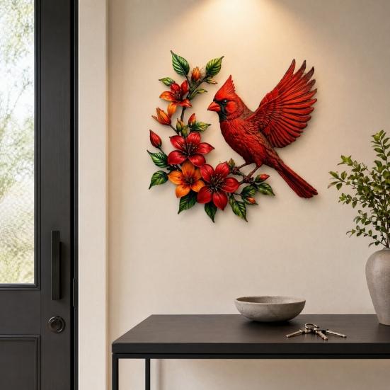 Metal Hummingbird Wall Art, Hand-painted Red Bird Wall Hanging, Rust & UV Resistant Weatherproof Decor, Indoor Outdoor Hanging Ornament for Garden