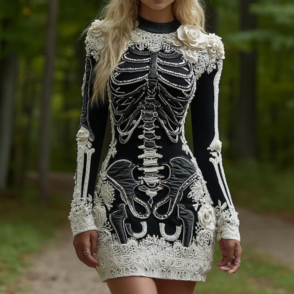 Damen Rundhals Langarm Minikleid Tailliert Street Gothic Stil 3D Skelett Rose Print Halloween Strickkleid Herbst Bodycon Kleid XL