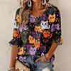 Women's Halloween Print Round Neck Tie Front Ruffle Blouse Three-Quarter Sleeves