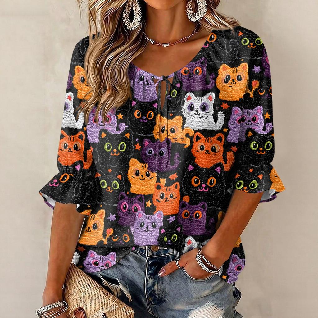 Women's Halloween Print Round Neck Tie Front Ruffle Blouse Three-Quarter Sleeves