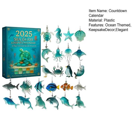 Sea Glass Marine Life Advent Calendar 2025 24 Days Christmas Countdown Calendar with 24 Realistic Ocean Ornaments Seaside Decor for Kids Collectors