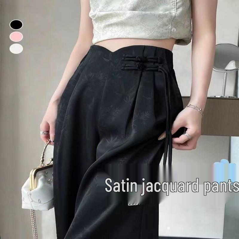 2026 Spring/Summer Chinese Style Satin Wide-Leg Frog Button Pants - Women's Slimming Straight-Leg, Floor-Length Business Trousers