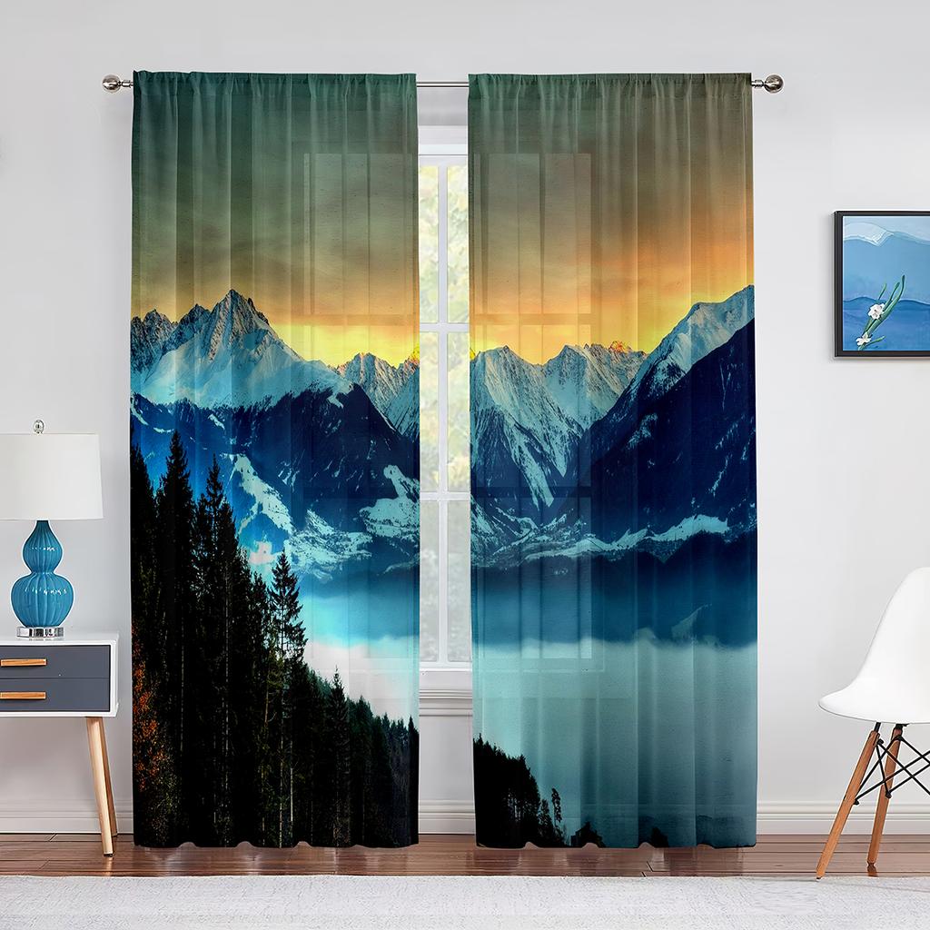 Autumn Mountains Forest Rivers Landscape Tulle Curtains for Living Room Decoration Chiffon Sheer Voile Kitchen Bedroom Curtain