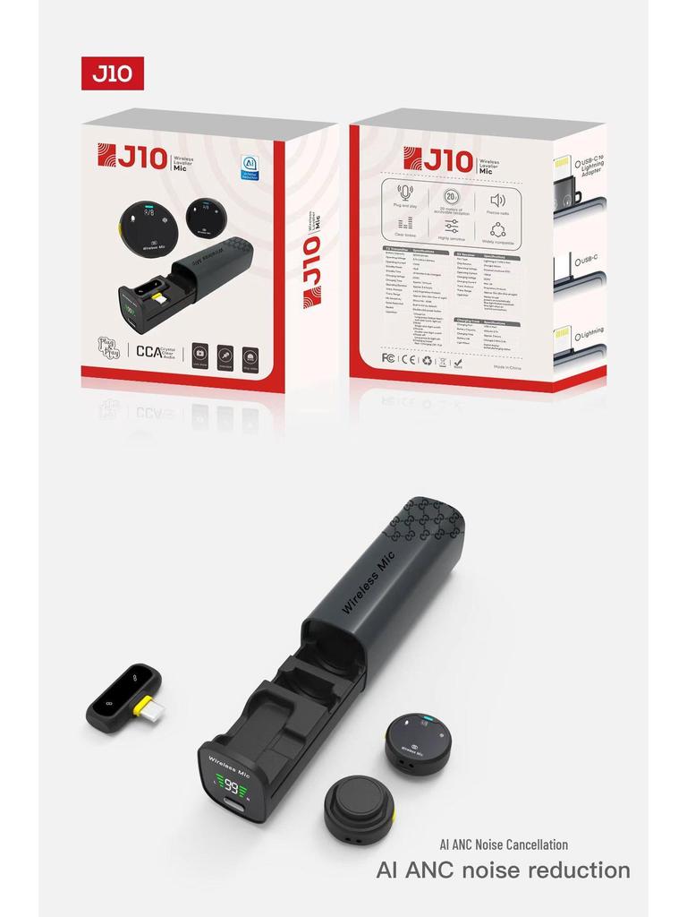 J33 Wireless Lavalier Microphone with Charging Case & AI Noise Reduction, Digital Display, Dual-Function Button.