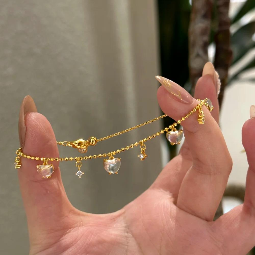 Elegant Heart Shaped Necklace Women Jewelry Set with Imitation Hydrophane Jade Tassel Bracelet Sweet