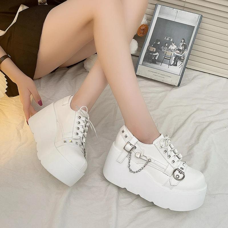 Fashion Retro Rock Shoes Boots For Women New Dark Punk Leather Shoes Metal Niche Low Top Platform Shoes For Women 8.5CM Thick soled