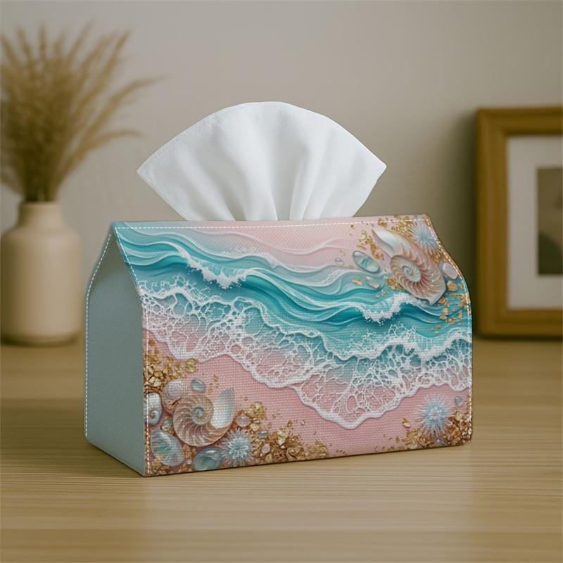 1pc Coastal Ocean Wave Pink Tissue Box Cover, Sea Shell Beach Sand Vibrant High-Quality, Durable, Lightweight, Foldable Storage, Ideal for Living Room