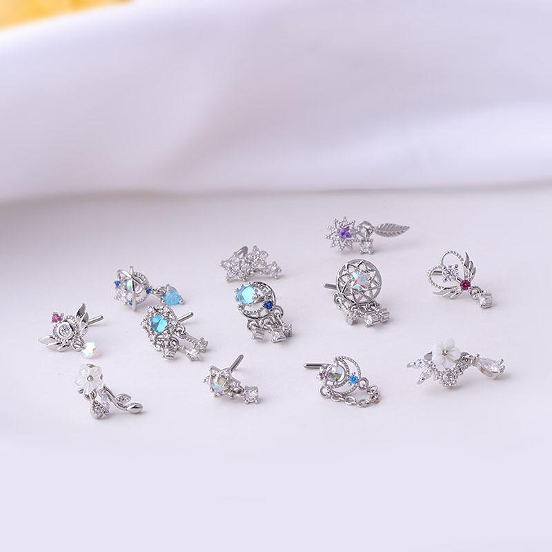 1Piece Fashion L Shaped Dangle Nose Studs Piercing 20G Stainless Steel Flower Moon Tassels Zircon Nostril Screw Piercing Jewelry
