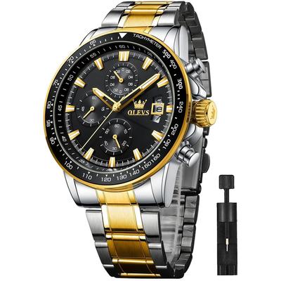 Men's Quartz Fashion Multi-Function Watch Stainless Steel Waterproof Luminous Date Analog Black and Gold