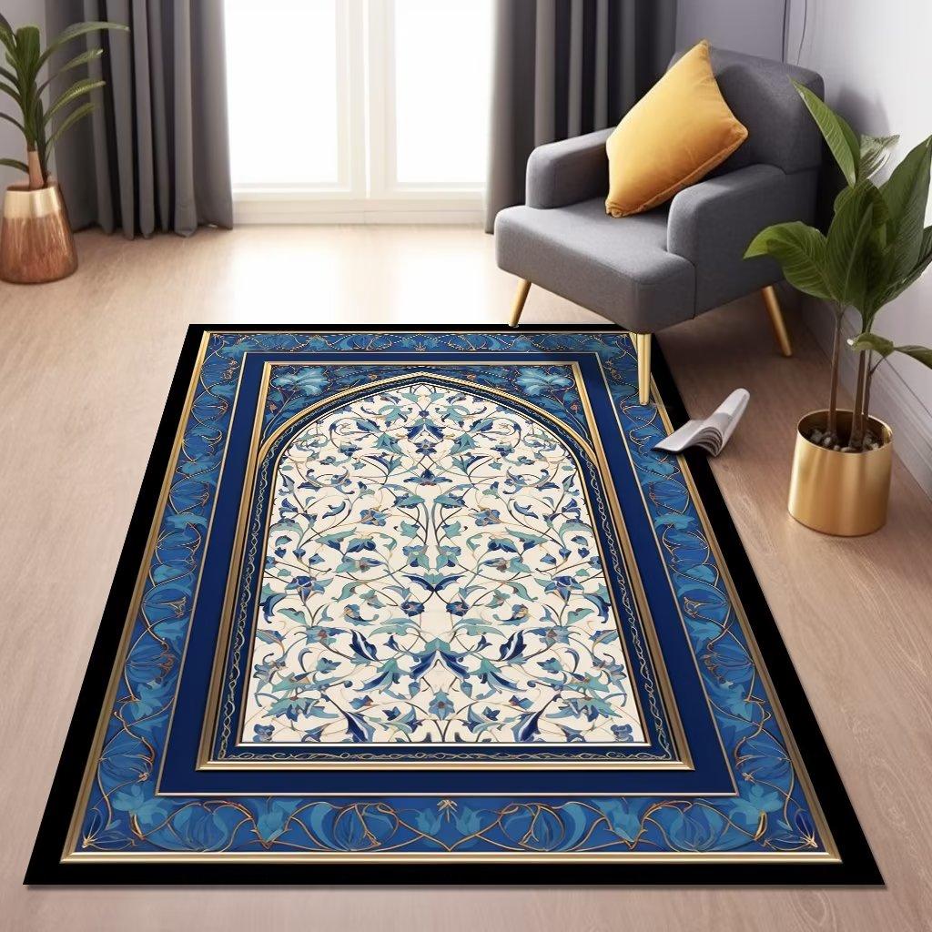 Islam Living Room Carpet Blue Luxury Decoration Home Rugs for Bedroom Soft Fluffy Flannel Carpet Anti-slip Large Area Pray Mat