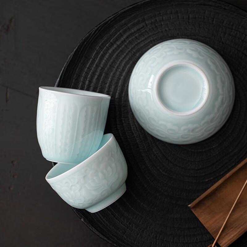 Sushitaoci Yingqing Embossed Tea Set of Three: Banana Cup, Peony Cup, Chrysanthemum Cup, Ceramic Master Cup for Brewing Tea