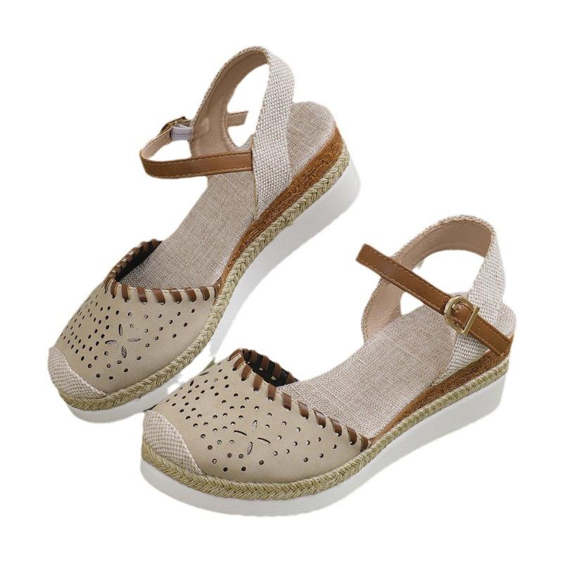 Large size wedge heel women's sandals summer new flat bottom bag head casual hollow buckle middle heel women's sandals