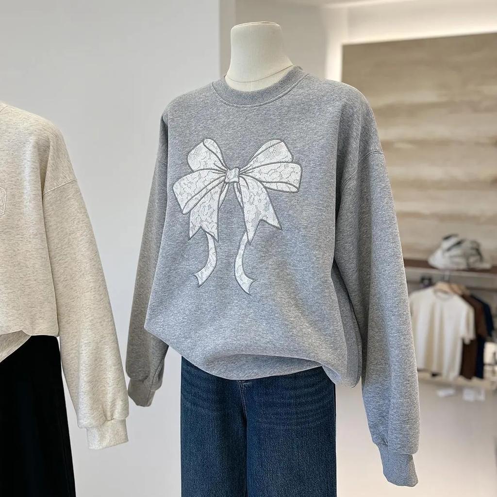 Lace Embroidered Bow Autumn Korean Style Versatile Long-sleeved Pullover Round Neck Sweatshirt Casual Women's Top