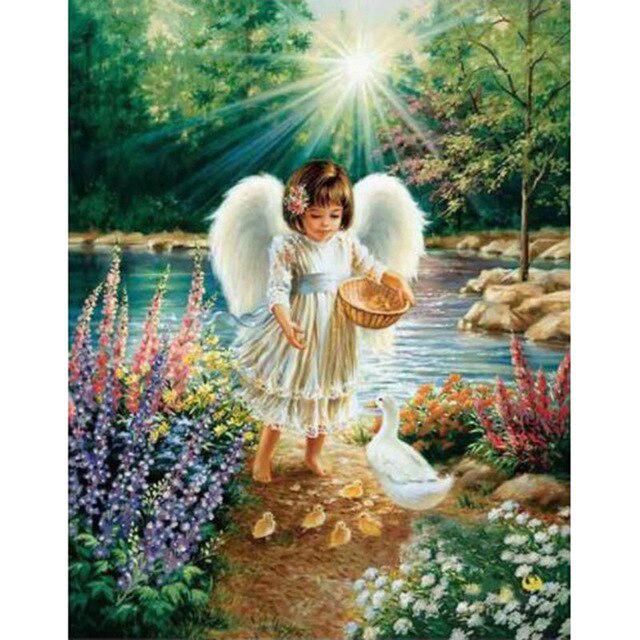 Sale 5D Diy Diamond Painting Angel Girl Picture Landscape Cross Stitch Full Round Diamond Embroidery Wall Sticker Home Decor