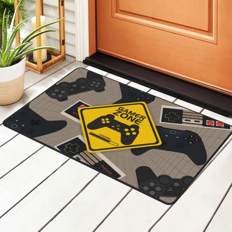 Gamer Zone Doormats Controller Design Neon God Mode Text Gaming Theme Mats for Game Room Entry Decor