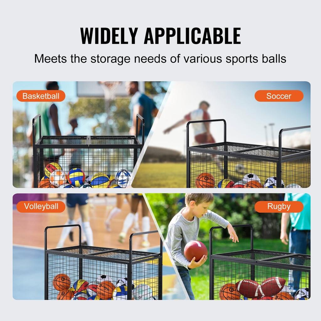 Rolling Sports Ball Storage Cart, Lockable Basketball Cage with Double Lids, Sport Equipment Holder Organizer for Indoor Outdoor, Steel Storage Rack