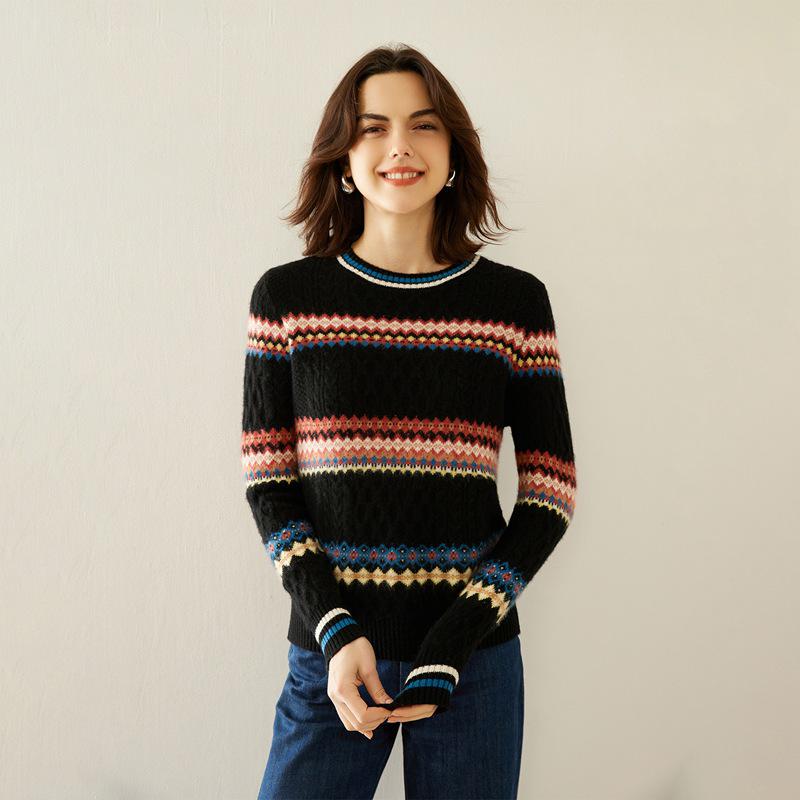 Women's Retro Jacquard Cashmere Knitwear: Color Block Round Neck for Autumn/Winter
