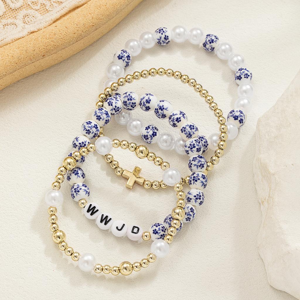 4 Pieces of Vintage Ceramic Printed Beads Mixed with Letters WWJD Bracelet, Multiple Layered Imitation Pearl Cross Bracelet