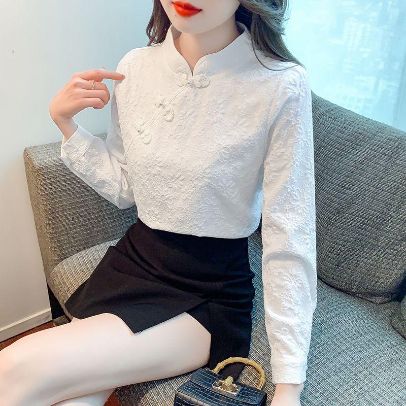 Retro Buttoned Long-sleeved Shirt for Women Spring New Style New Chinese Style Inner Bottoming Shirt Fashionable Temperament Top