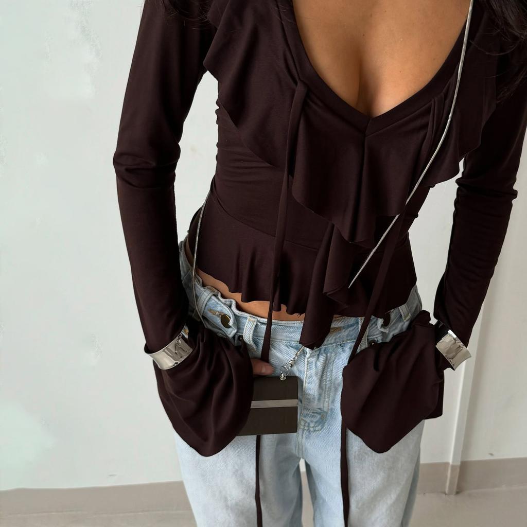 2025 Autumn New Collection, Solid Color, Ruffle Edge, Knitted Shirt, Women's Wear, Short Style, Sexy and Spicy Girl, Fashionable V-neck Top