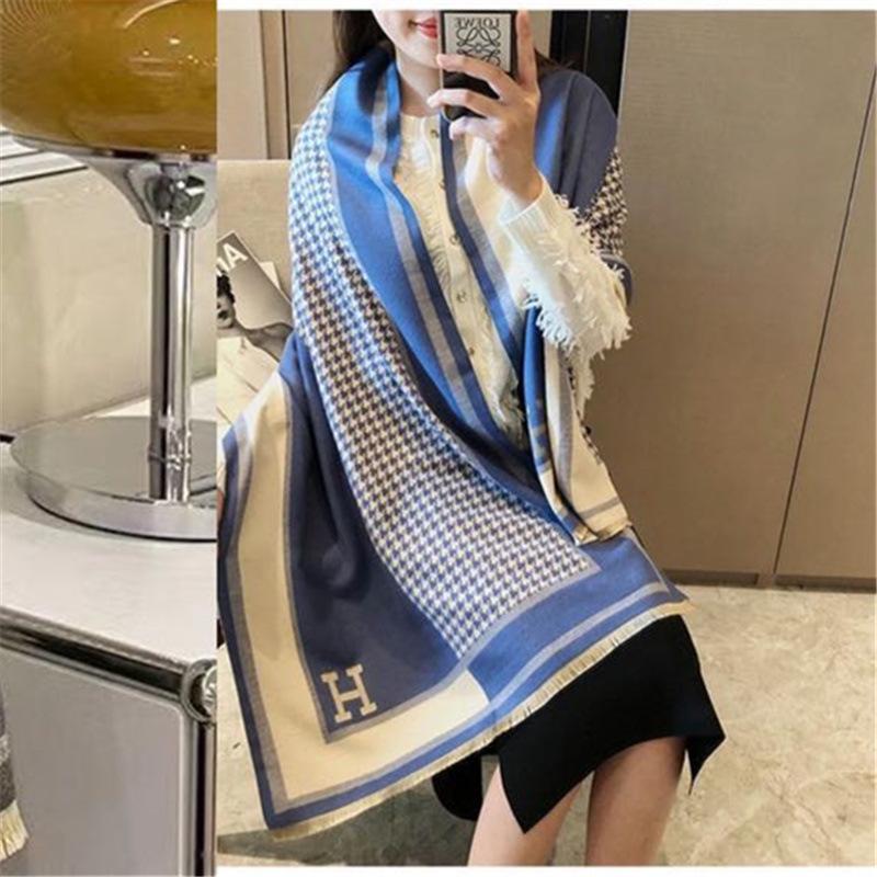 New Chidori Letter Jacquard Scarf Women's Winter Korean Style White Collar Versatile Thickened Scarf Imitation Cashmere Warm Shawl
