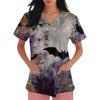 Womens Halloween Print V Neck Scrub Top Short Sleeve Medical Uniform Shirt with Pocket Comfortable Fit Lightweight Fabric