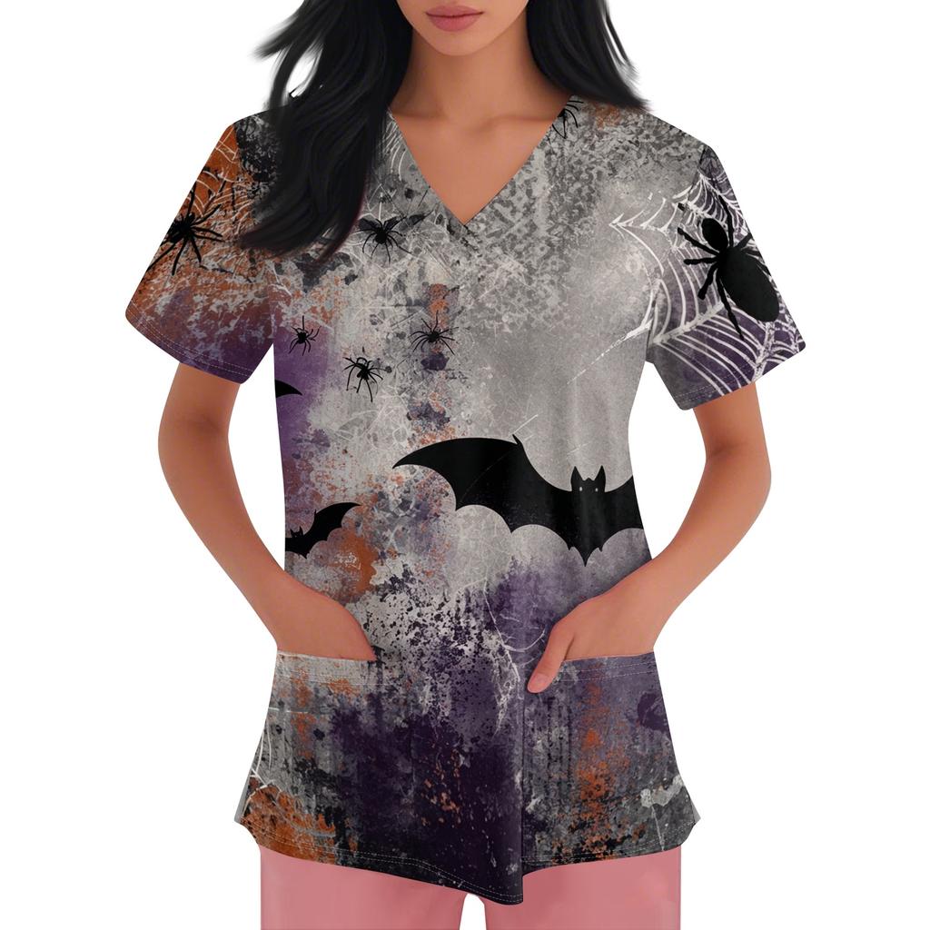 Womens Halloween Print V Neck Scrub Top Short Sleeve Medical Uniform Shirt with Pocket Comfortable Fit Lightweight Fabric