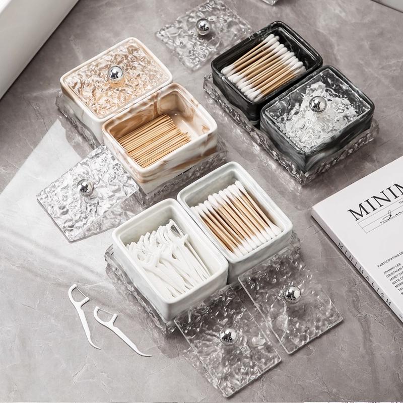 Ceramic Cotton Swab Jar Bathroom Table Marble Cotton Washcloth Storage Box Transparent Lipstick Finishing Box Home Decoration
