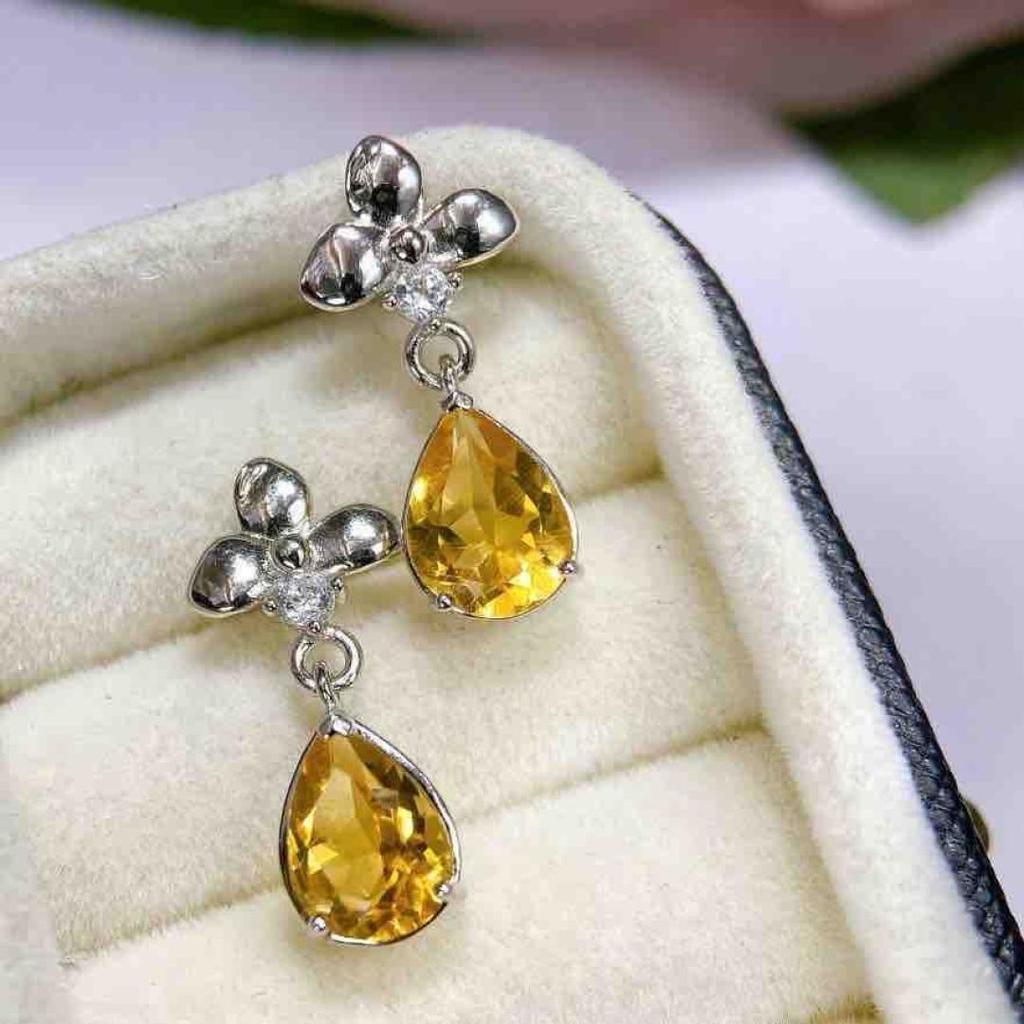 Citrine Stud Earrings: S925 Silver with Natural Design