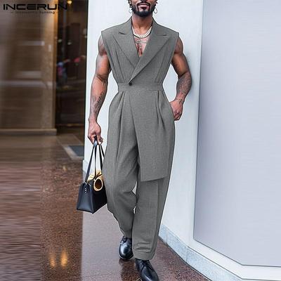 INCERUN Men V Neck Long Sleeve Irregular Layers Zipper Long Jumpsuits Rompers