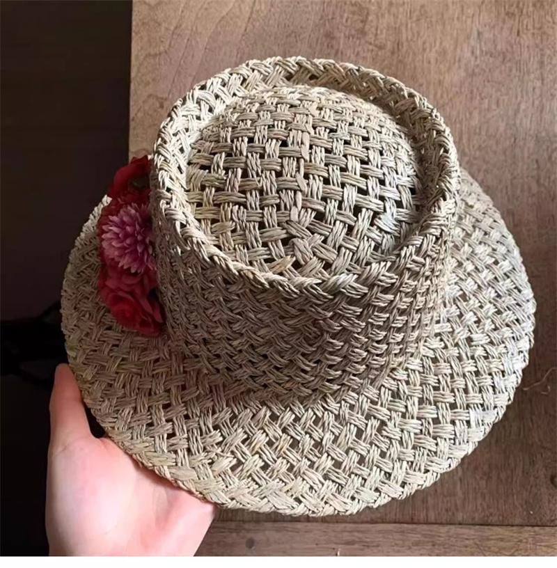 

202508-yaan ins chic summer Natural salt grass side red flower holiday beach lady fedoras cap women leisure sun hat head size 57cm хакі