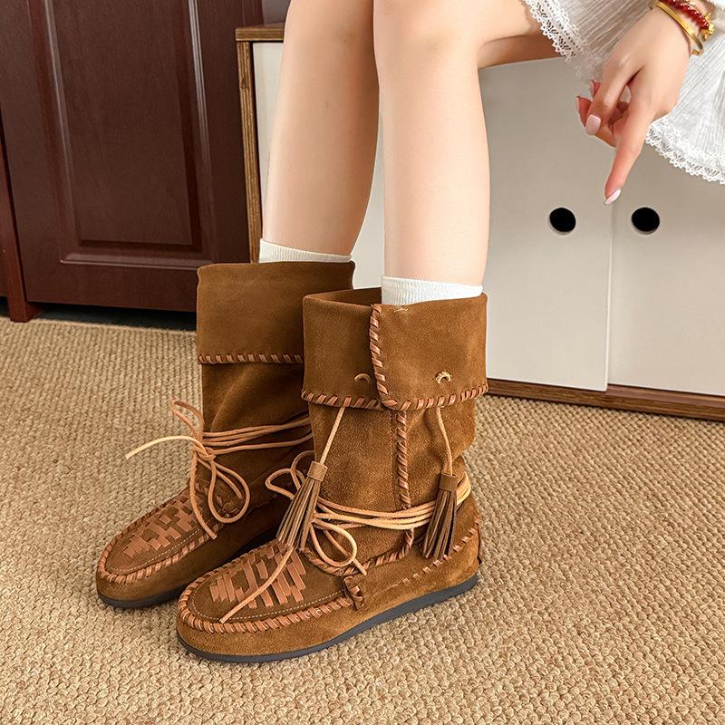 New Retro Inner Heightening Tassel Woven Strap Boxing Boots Slim Push Boots