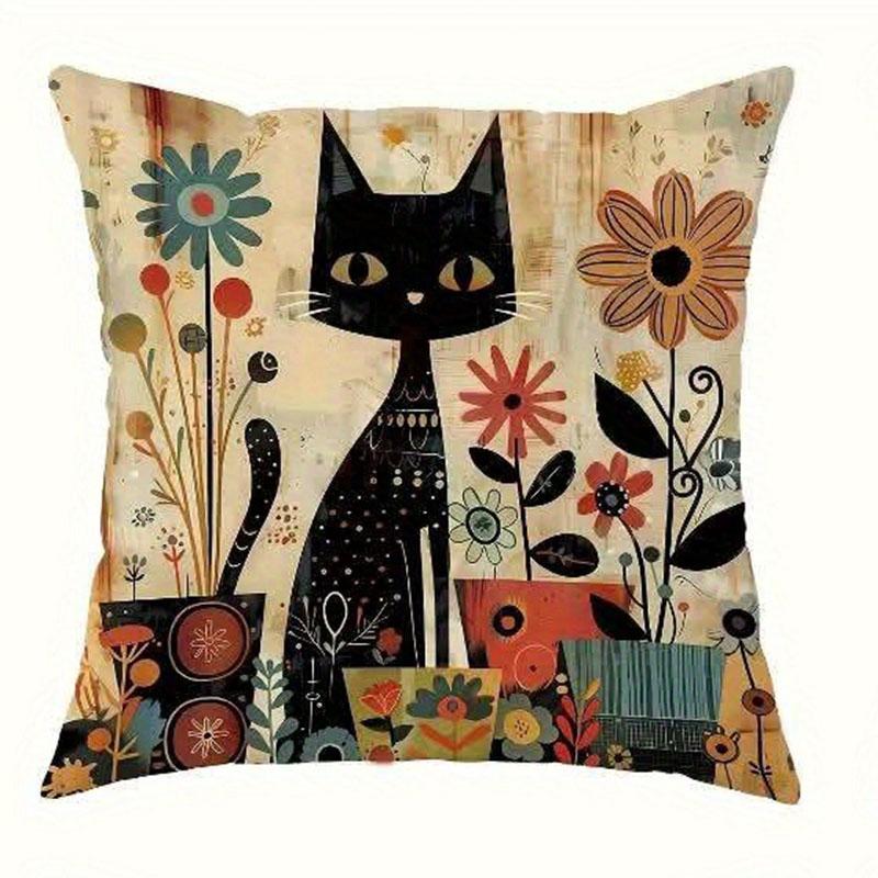 Vintage Schwarze Katze und Blume Kissenbezug Mittelalterliches Abstraktes Design Tägliche Heim Sofa Dekoration Kissenbezug