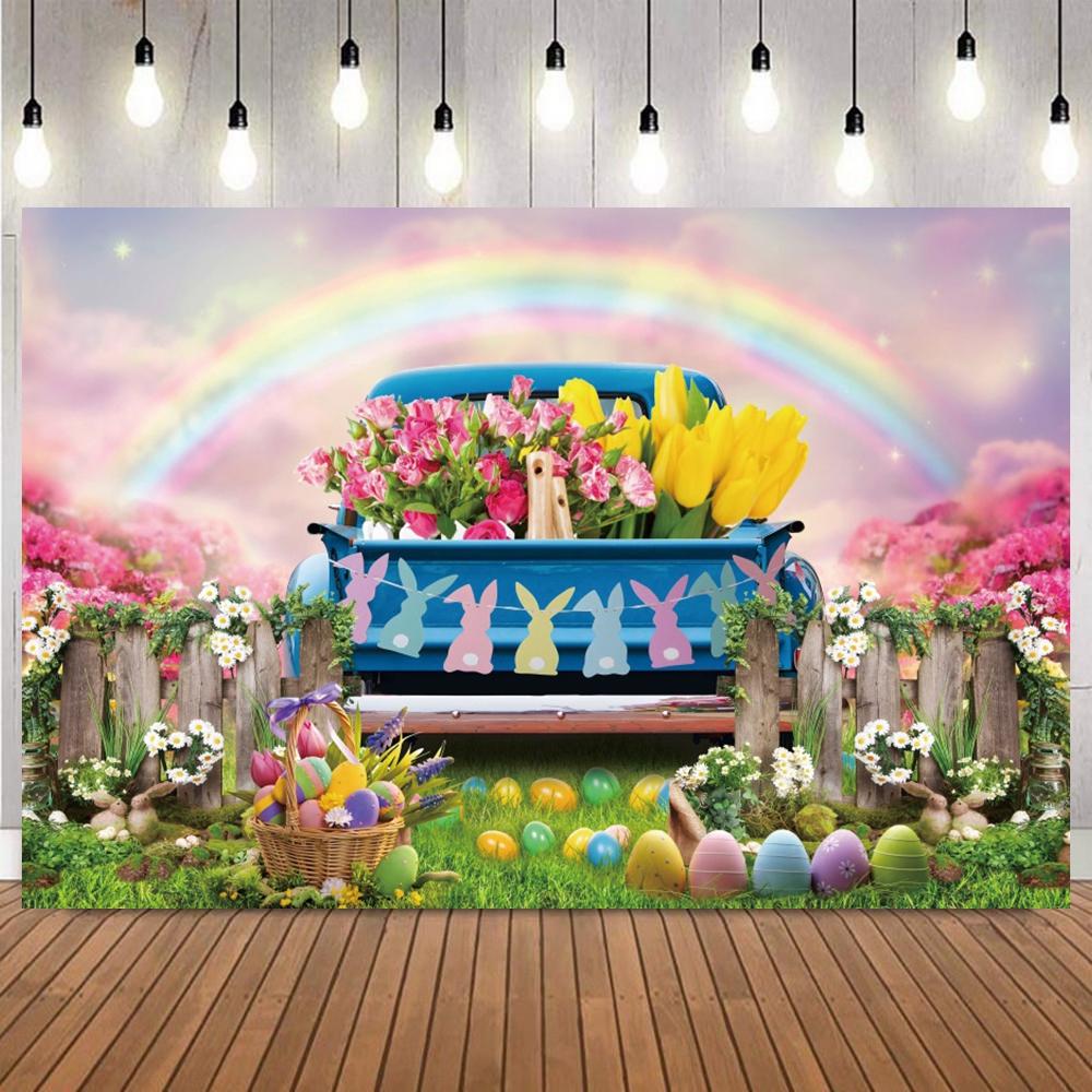 Easter Bunny Vintage Truck Floral Egg Photo Backdrop Kids Birthday Party Home Decor Portrait Photography Background Studio Props8